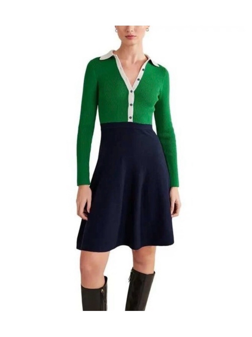 Boden Green Ribbed Polo Dress with Cream Trim Size 6L NWT